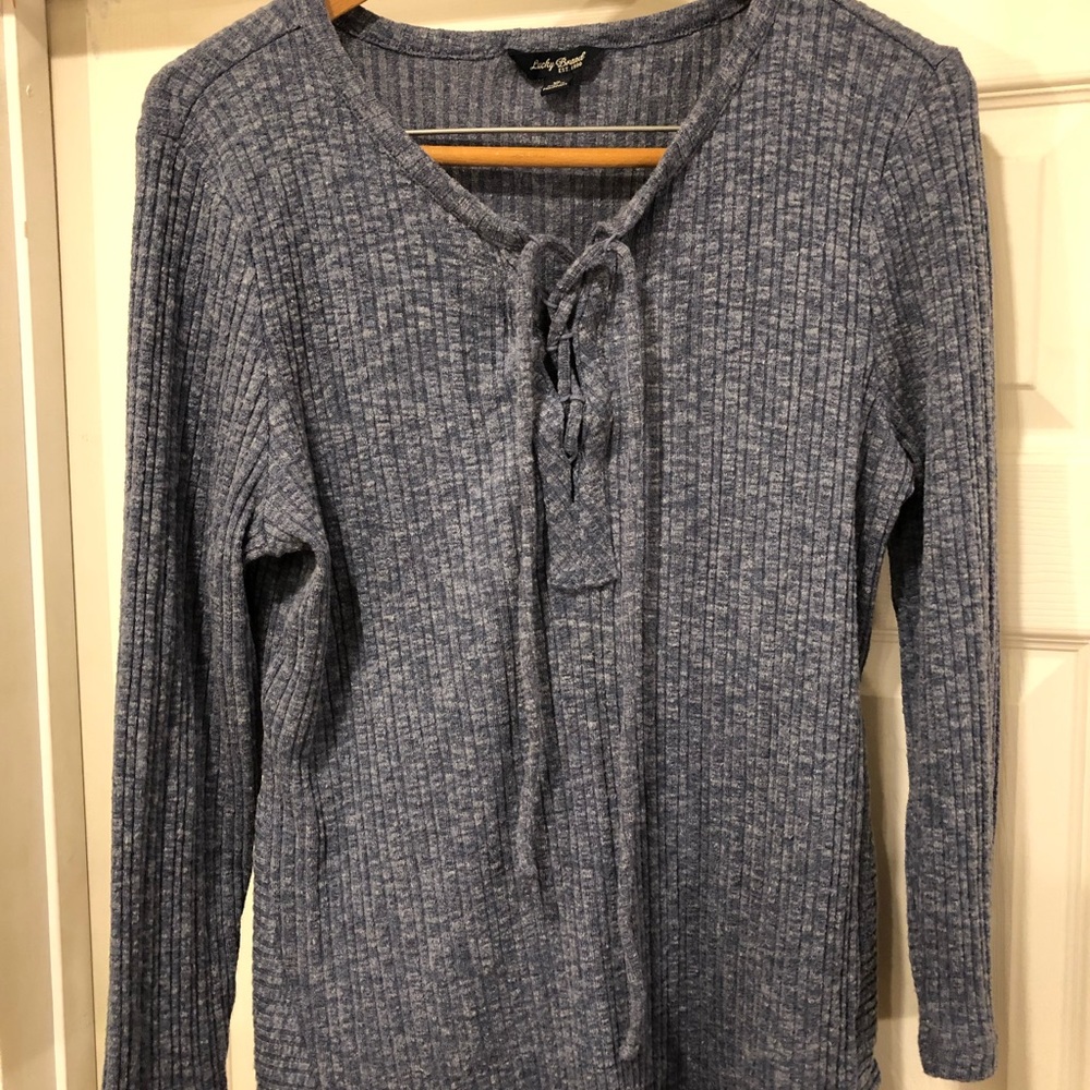 Lucky Brand Heather Blue Lace up Sweater XL Cute!!